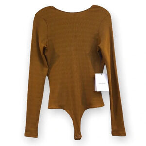 GOLDSIGN Long Sleeve Cheeky Designer Ribbed V Back Bodysuit in Ochre XL NWT